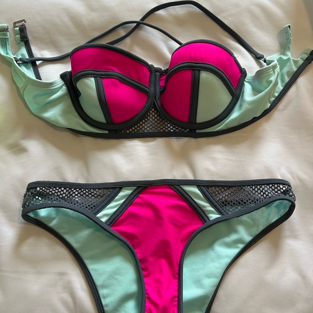 The Bikini Lab Pink and Green Colorblock Balconette Bikini